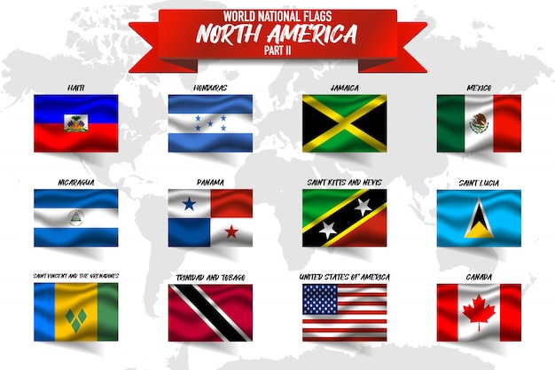 世界地図背景に北アメリカ国の国旗のセット プレミアムベクター