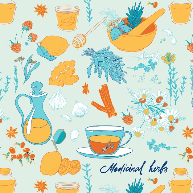 Set of objects and herbs to treat colds.\
Seamless pattern