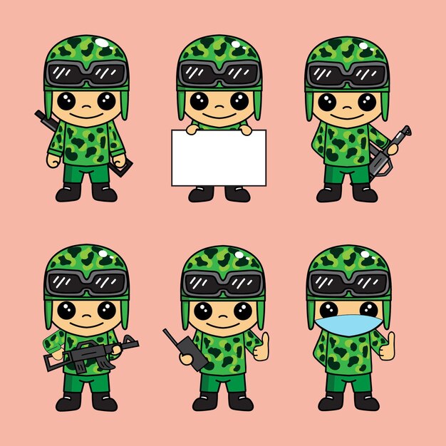 さまざまなポーズのかわいい軍隊または兵士の漫画のキャラクターのマスコットイラストのパックのセット プレミアムベクター