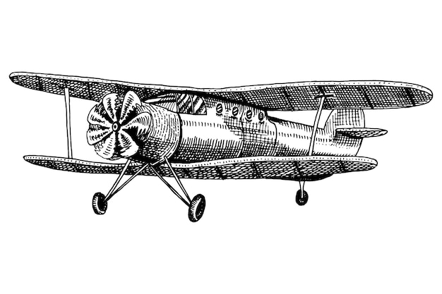 旅客飛行機のトウモロコシの穂軸または飛行機航空旅行イラストのセットです 古いスケッチスタイル ヴィンテージの輸送で描かれた刻まれた手 プレミアムベクター