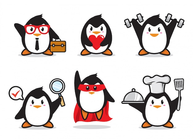 ペンギンキャラクターデザインのセット プレミアムベクター
