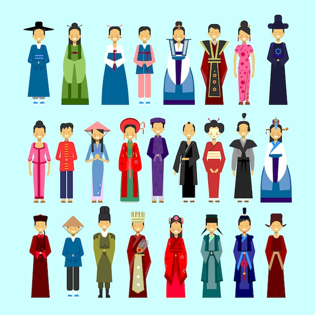 アジアの伝統的な服 男性と女性の民族衣装コレクションコンセプトの人々のセット プレミアムベクター