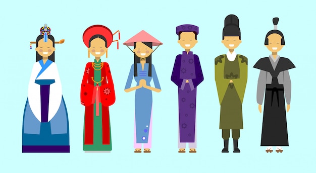 伝統的なアジアの服 民族衣装の概念の人々のセット プレミアムベクター