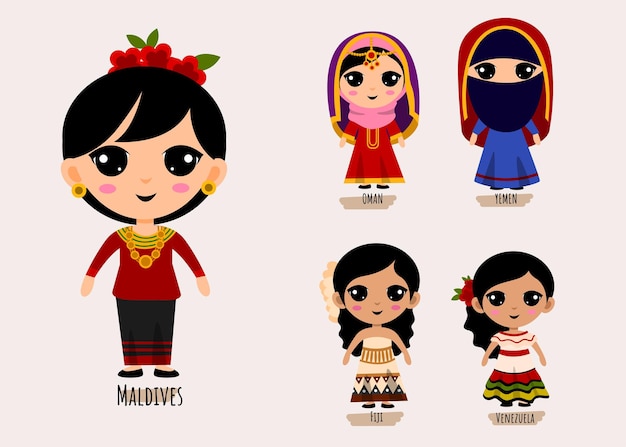 伝統的な南アメリカの服の漫画のキャラクター 女性の民族衣装コレクションのコンセプト 孤立したフラットイラストの人々のセット 無料のベクター