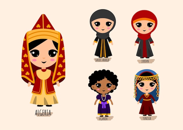 伝統的な西アジアの人々のセットの服の漫画のキャラクター 女性の民族衣装コレクションのコンセプト 孤立したフラットイラスト 無料のベクター