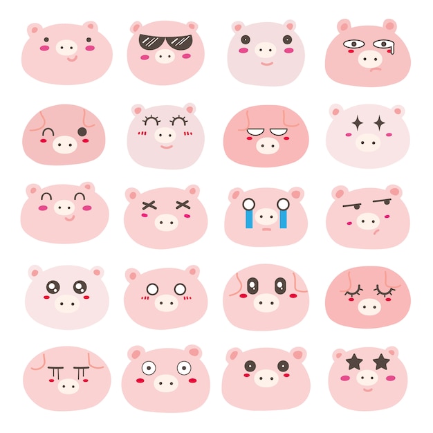 豚顔の絵文字のセット かわいい豚のキャラクターデザイン プレミアムベクター