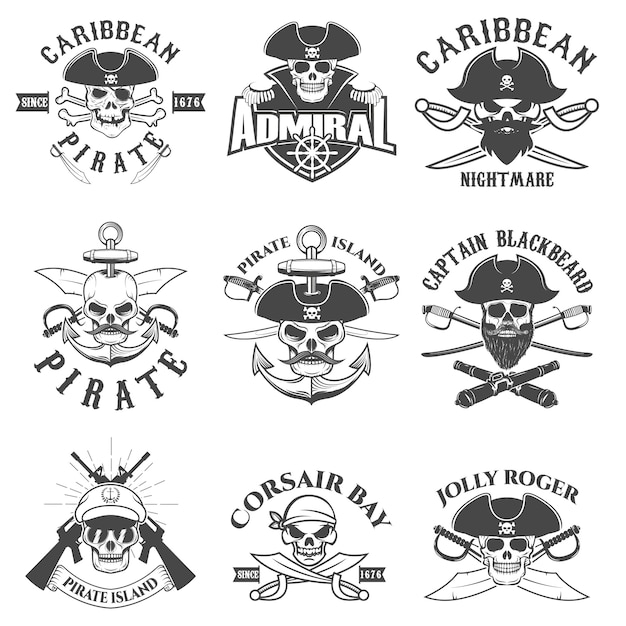 海賊のロゴ ラベル エンブレム デザイン要素のセット コルセア 海賊湾 プレミアムベクター