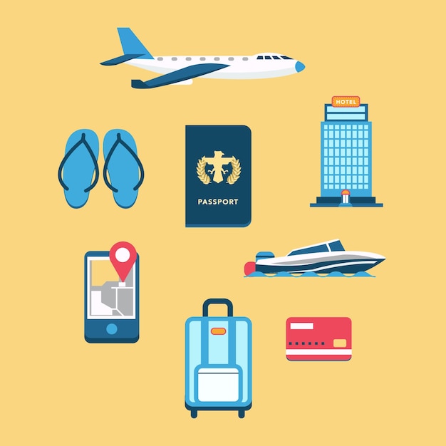 Set of plane with passport and other travel elements