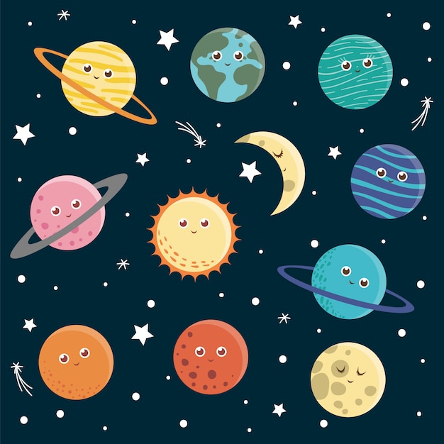 子供のための惑星のセット 暗い青色の背景に地球 太陽 月 金星 火星 木星 水星 土星 ネプチューンを笑顔の明るくキュートなフラットイラスト 子供のための宇宙の写真 プレミアムベクター