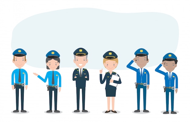白の警察官のセット 女と男の警官のキャラクター 制服と帽子の警官 制服の警官と警官の警官 イラスト プレミアムベクター