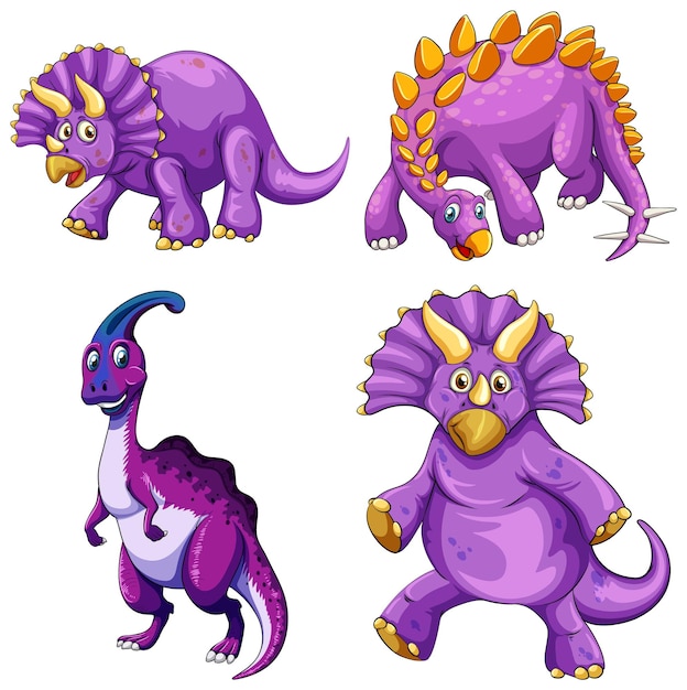 紫色の恐竜の漫画のキャラクターのセット 無料のベクター