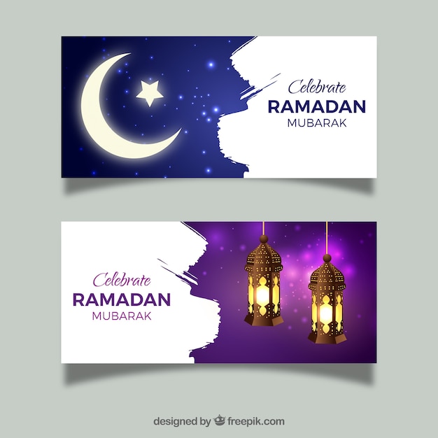 Set of ramadan banners with moon and lamps Free Vector Set of ramadan banners with moon and lamps Free Vector