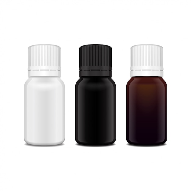 リアルなエッセンシャルオイルのセットホワイト ブラウン ブラックのガラスボトル ボトルの化粧品や医療バイアル フラスコ フラコンイラスト プレミアムベクター