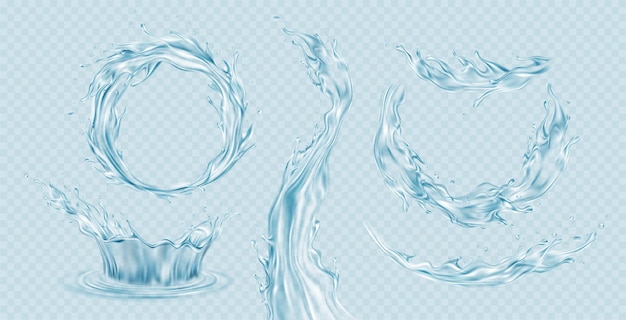 リアルな透明な水のしぶき 水の王冠 波 水色の透明な背景に分離された滴のセット ベクターイラストeps10 プレミアムベクター