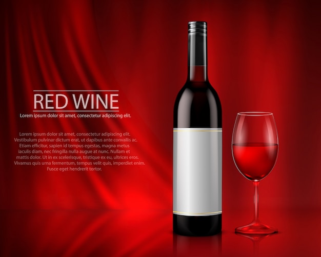 Set of realistic vector illustration of glass wine bottles and glasses with white and red wine