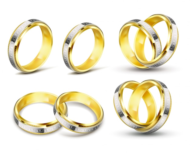 彫刻と金結婚指輪の現実的なベクトルイラストのセット 無料のベクター