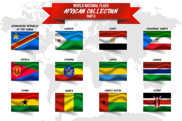世界地図上のアフリカ諸国の現実的な手を振っている国旗のセットです エジプト ガボン ガーナ ギニア その他 プレミアムベクター