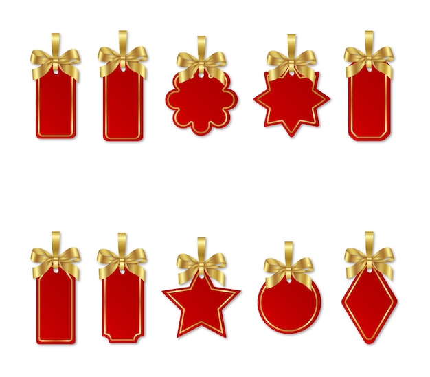 金の弓と赤いクリスマスの値札のセット プレミアムベクター
