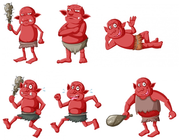 赤いゴブリンのセットまたは分離された漫画のキャラクターのさまざまなポーズのトロール 無料のベクター