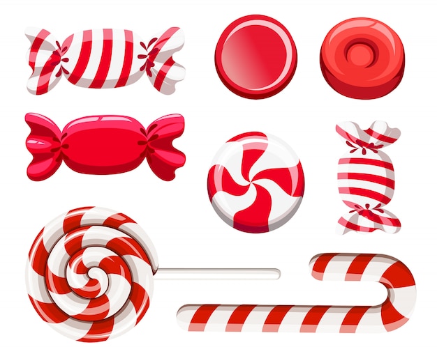 赤い砂糖菓子のセットです ハードキャンディー キャンディーケーン ロリポップ ラッパーのキャンディー 白い背景のイラスト Webサイトページとモバイルアプリ プレミアムベクター