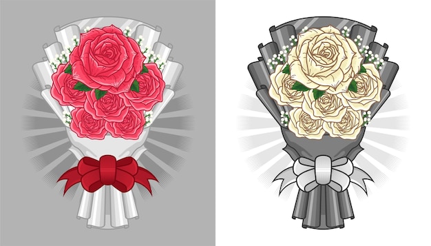 バラの花束の花のイラストのセット プレミアムベクター