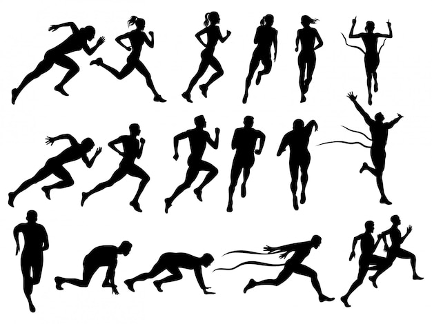 実行中の男性と女性のセット 走る人のシルエット集 プレミアムベクター