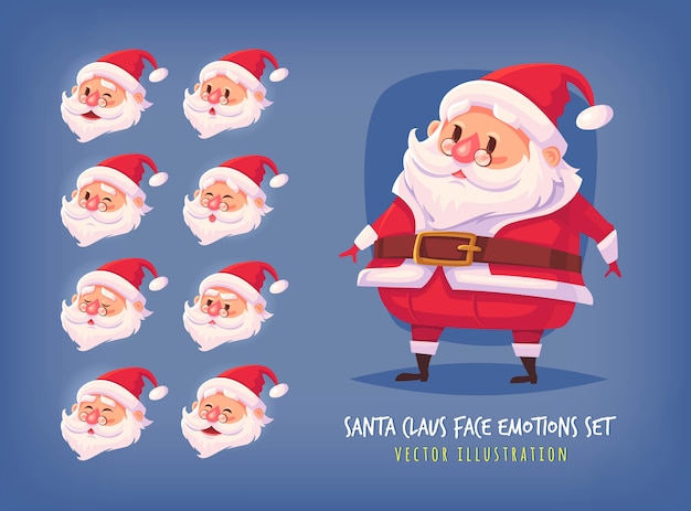 サンタクロースの顔の感情アイコンのセットかわいい漫画の顔コレクションメリークリスマスイラスト プレミアムベクター