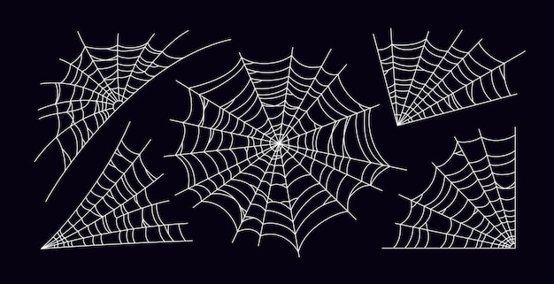 怖い蜘蛛の巣のセット 黒の背景に分離された白いクモの巣のシルエット ハロウィーンパーティーのための手描きのクモの巣 ベクトルイラスト プレミアムベクター
