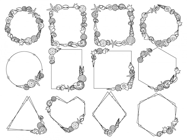 貝殻フレームのセット さまざまな貝殻のシルエットのコレクション プレミアムベクター