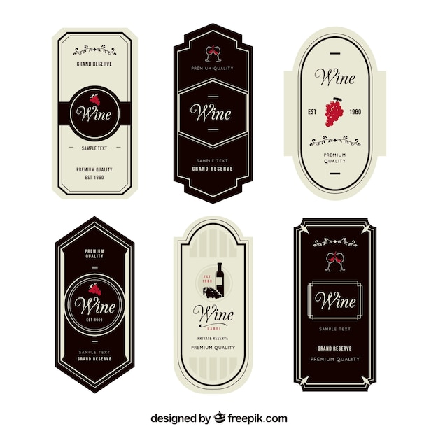 Set of six elegant wine labels with red\
details