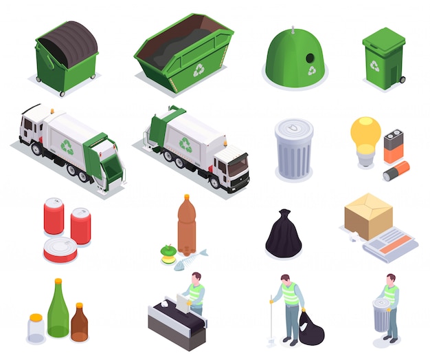 スカベンジャーとゴミ箱ベクトルイラストの人間のキャラクターと16のゴミ廃棄物リサイクル等尺性アイコンのセット 無料のベクター