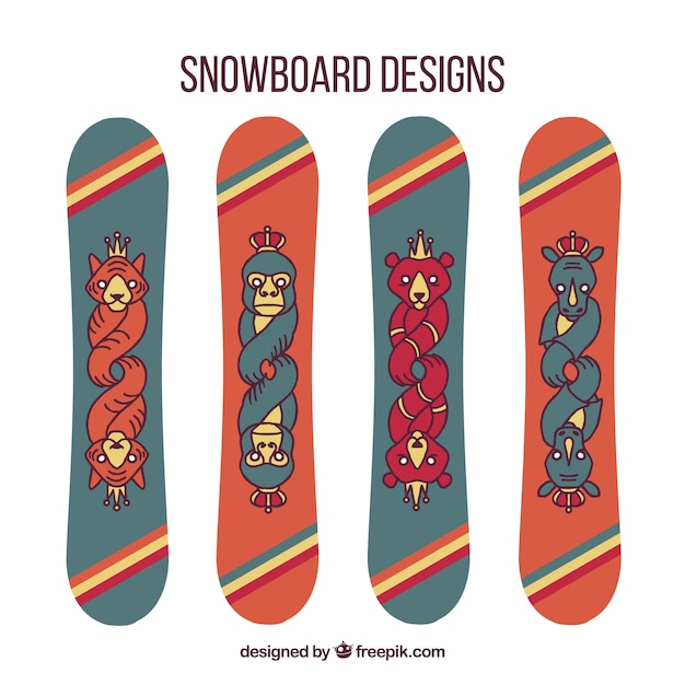 Set of snowboards with creative animal\
designs