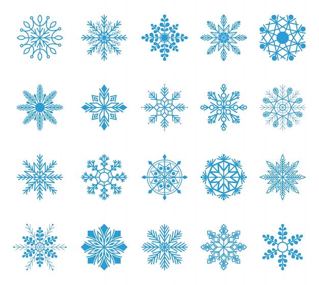雪片のセットです 冬の青いクリスマス雪のフレーク結晶要素 天気イラスト氷集 プレミアムベクター