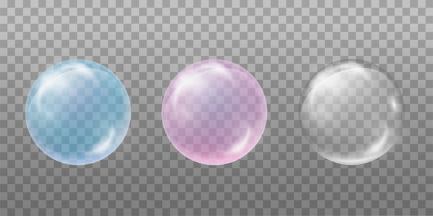 石鹸水泡のセット 透明 青 ピンク 飲み物 炭酸飲料 肌用化粧品のデザイン要素 透明な背景に分離されています プレミアムベクター