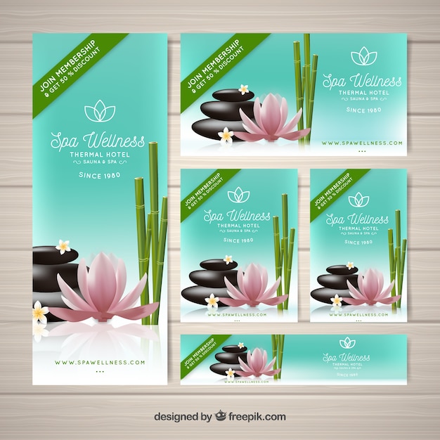 Set of spa center banners with candles and\
aromatic flowers