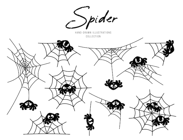 ハロウィーンの蜘蛛の巣のセット シルエットのキャラクターイラスト プレミアムベクター