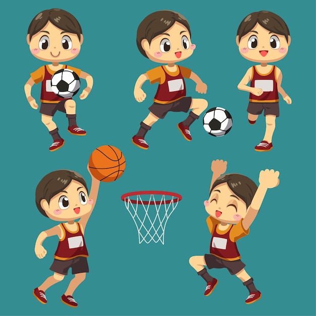 バスケットボールとサッカーの漫画のキャラクターのトロフィー 違いアクション分離フラットイラストのスポーツマンのセット 無料のベクター