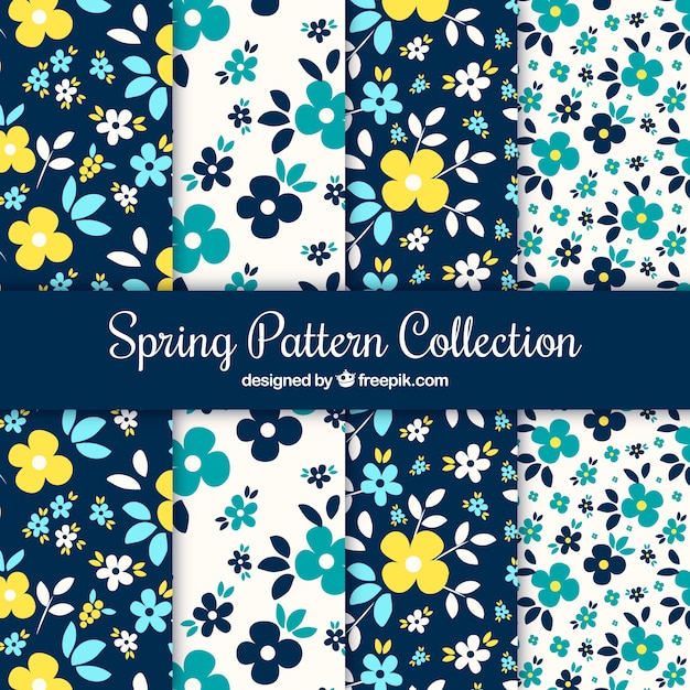 Set of spring patterns with blue and yellow
flowers