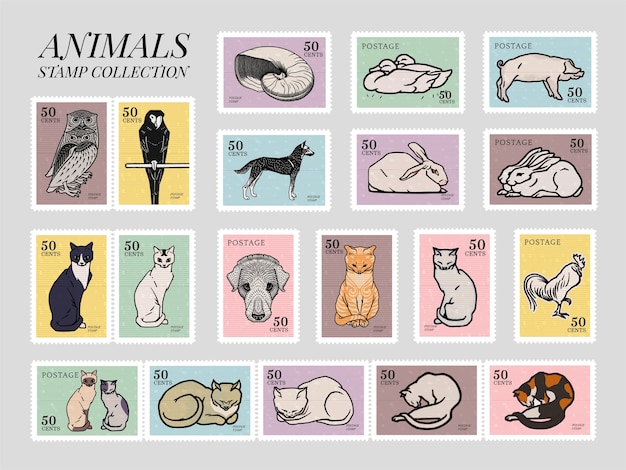 Set of stamps with various animals