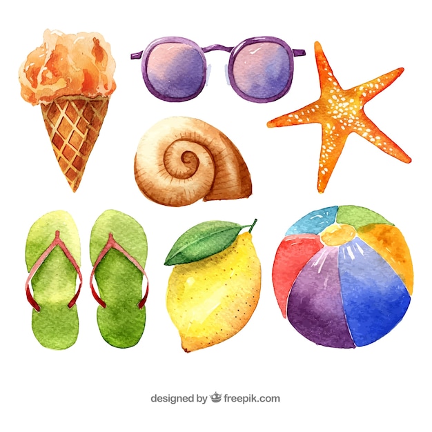 Set of summer elements in watercolor
style