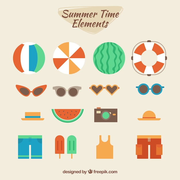 Set of summer elements with food and clothes in
flat style