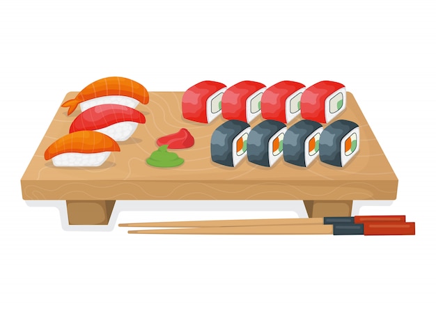 木製キッチンボード マグロの魚ロール サーモンミノーコンセプト白 漫画イラストで隔離の寿司のセットです プレミアムベクター