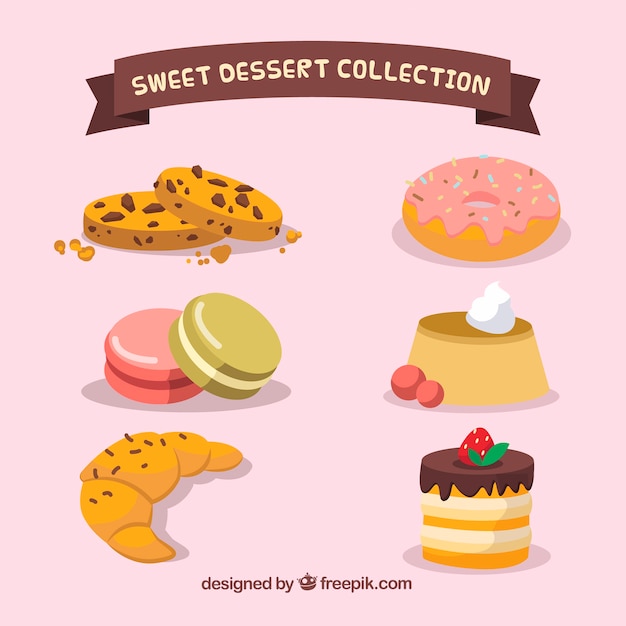 Set of sweet desserts in 2d style