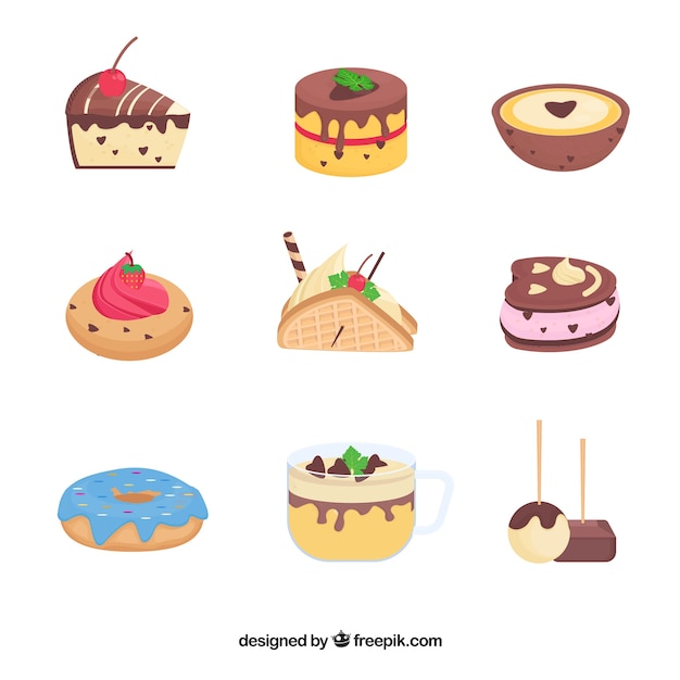 Set of sweet desserts in flat style