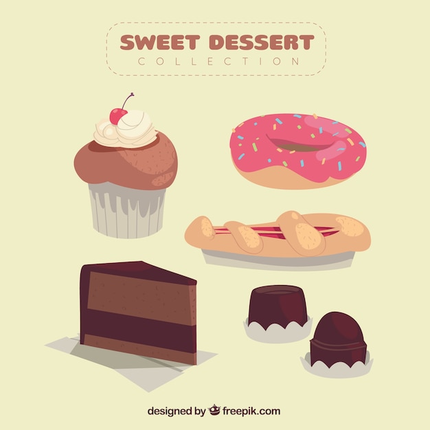 Set of sweet desserts in flat style
