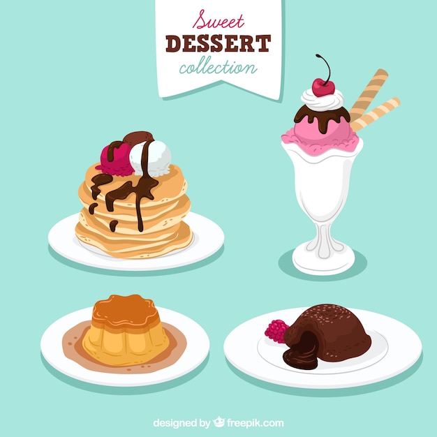 Set of sweet desserts in hand drawn\
style