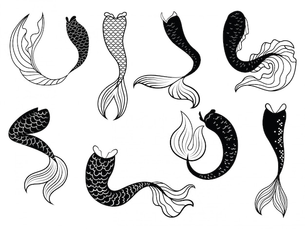 人魚のしっぽのセット クリップアートの様式化された人魚の尾のコレクション プレミアムベクター
