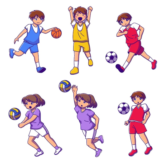 バスケットボール サッカー バレーボールをするティーンエイジャーのセット 孤立した漫画のキャラクターコレクションイラスト 無料のベクター