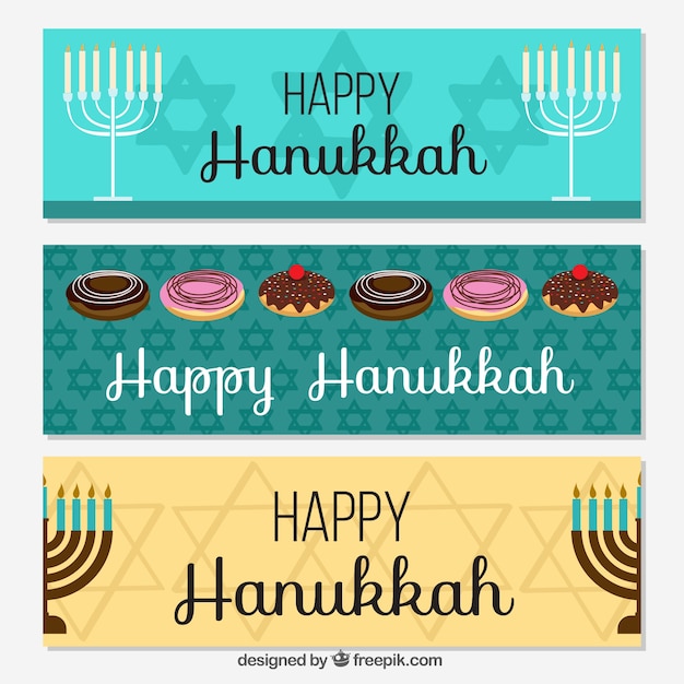 Set of three banners with candelabras and\
sweets for hanukkah