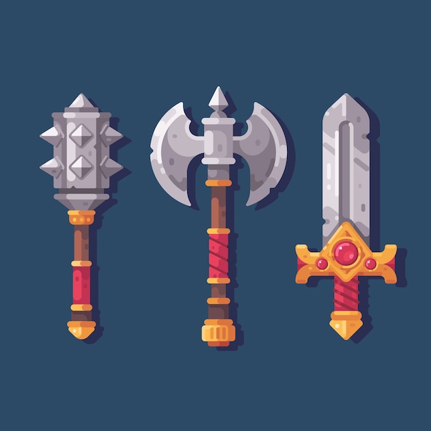 中世の3つの幻想的な武器のセット バトルメイス 斧と剣フラットイラスト プレミアムベクター